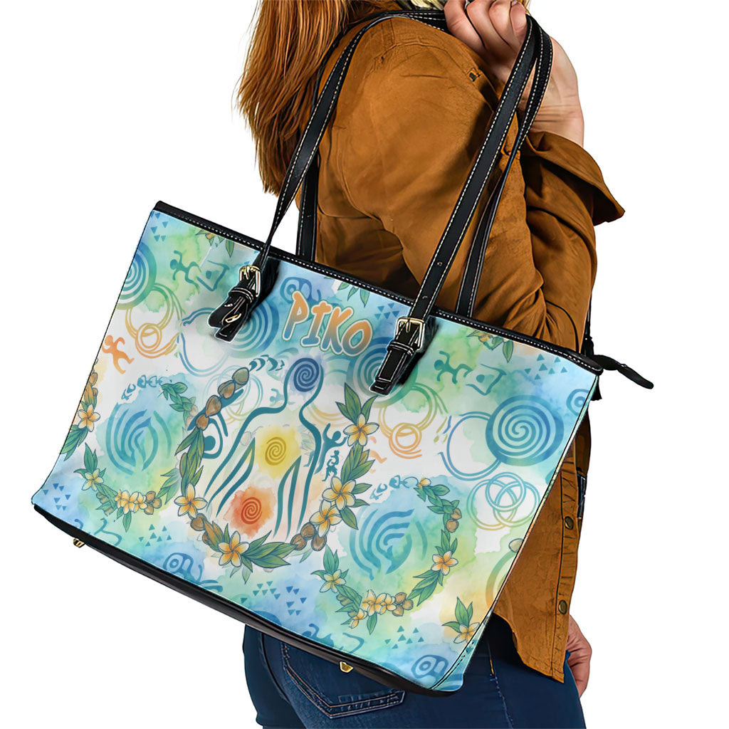 Hawaiian Piko Cultural Pride Aloha Leather Tote Bag Watercolor Spiral Art - Tropical Plumeria Lei Garland TS04 - Polynesian Pride