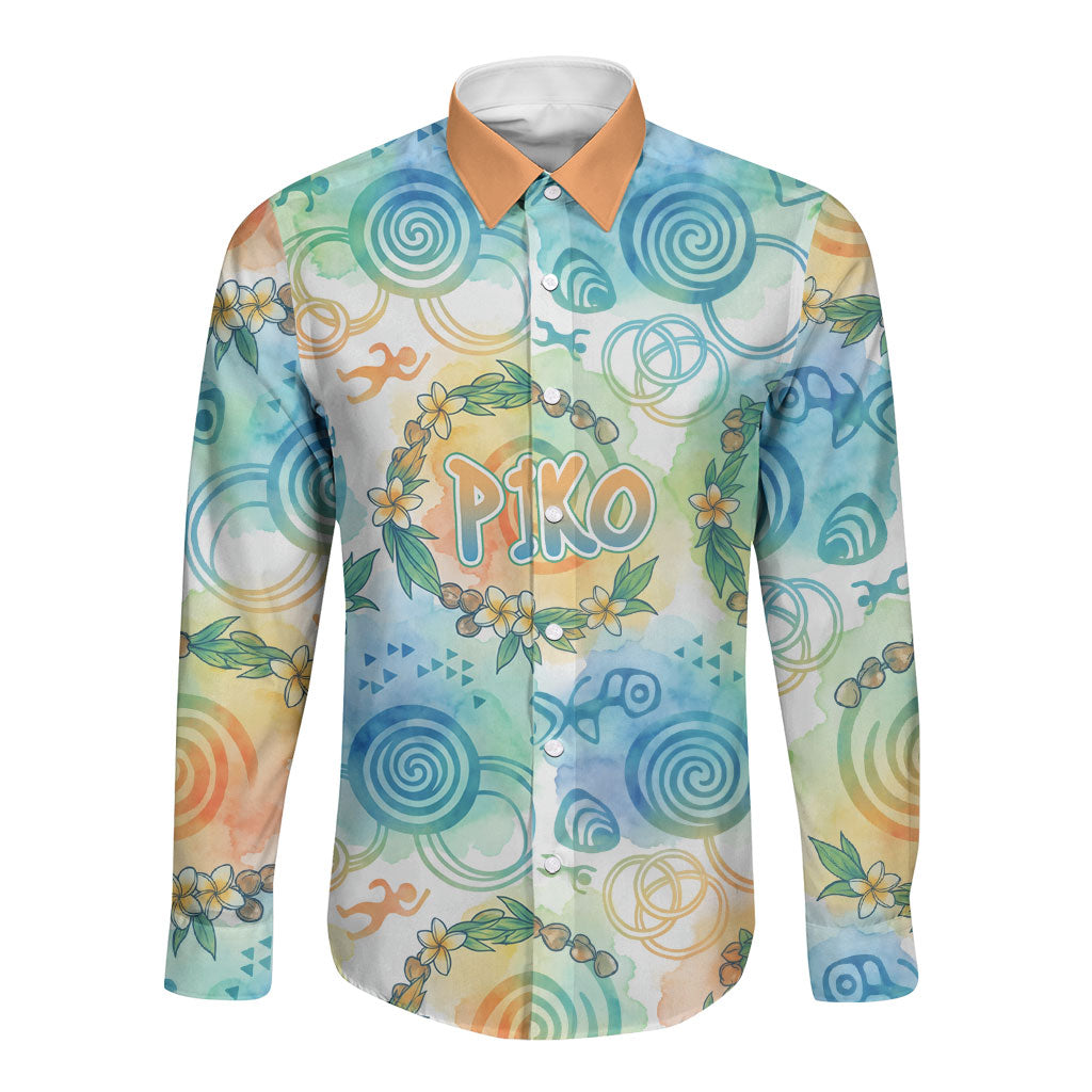 Hawaiian Piko Cultural Pride Aloha Long Sleeve Button Shirt Watercolor Spiral Art - Tropical Plumeria Lei Garland
