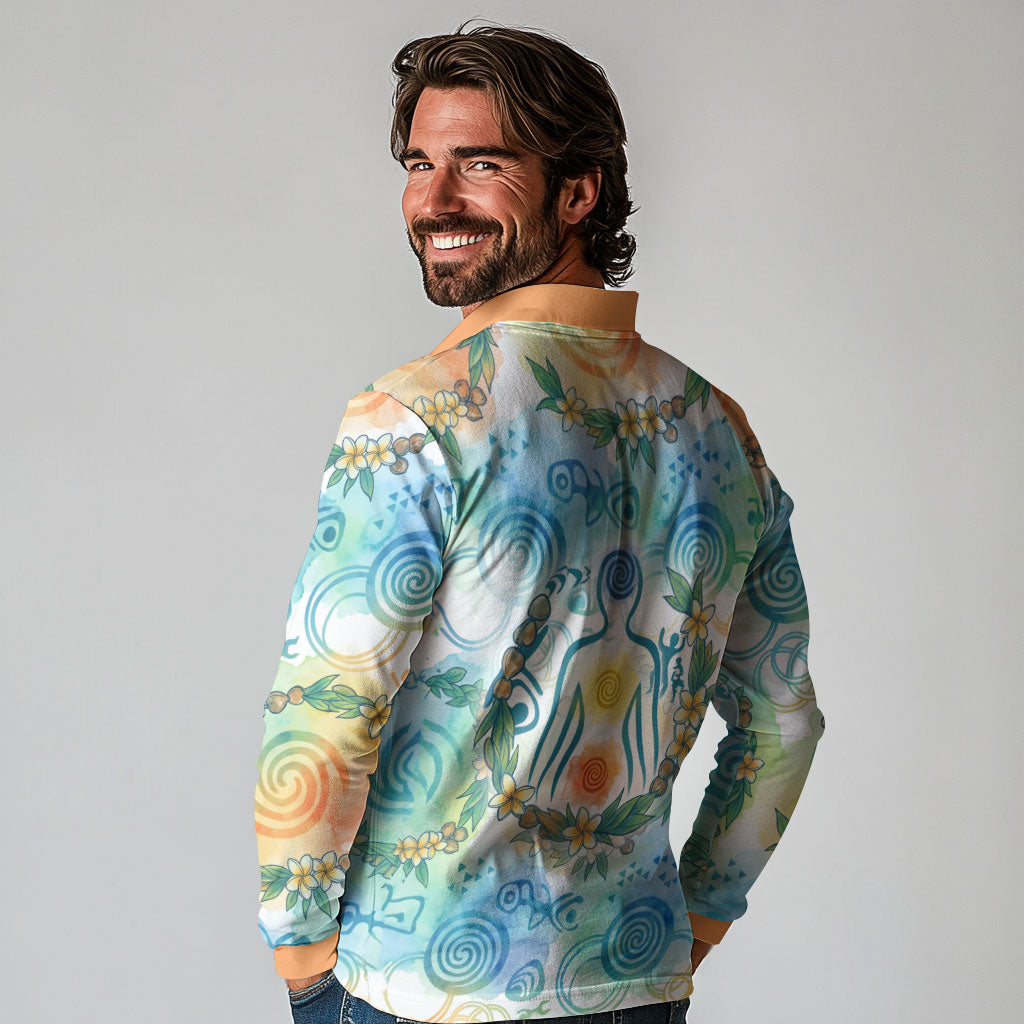 Hawaiian Piko Cultural Pride Aloha Long Sleeve Polo Shirt Watercolor Spiral Art - Tropical Plumeria Lei Garland TS04 - Polynesian Pride