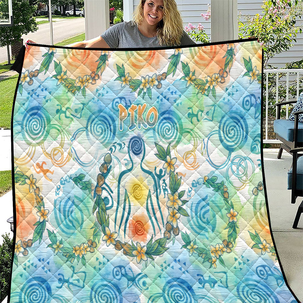 Hawaiian Piko Cultural Pride Aloha Quilt Watercolor Spiral Art - Tropical Plumeria Lei Garland TS04 White Blue - Polynesian Pride