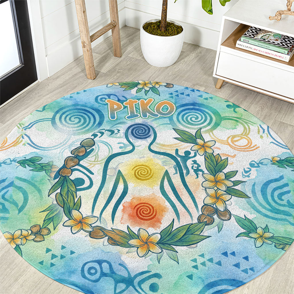 Hawaiian Piko Cultural Pride Aloha Round Carpet Watercolor Spiral Art - Tropical Plumeria Lei Garland TS04 White Blue - Polynesian Pride