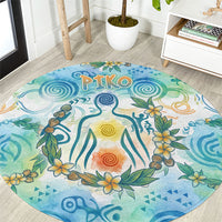Hawaiian Piko Cultural Pride Aloha Round Carpet Watercolor Spiral Art - Tropical Plumeria Lei Garland TS04 White Blue - Polynesian Pride