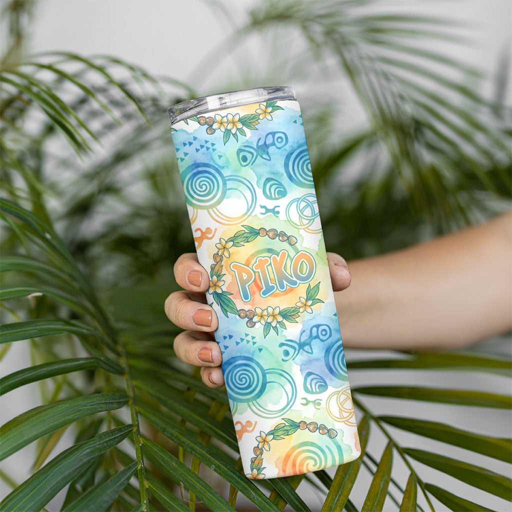 Hawaiian Piko Cultural Pride Aloha Skinny Tumbler Watercolor Spiral Art - Tropical Plumeria Lei Garland TS04 - Polynesian Pride