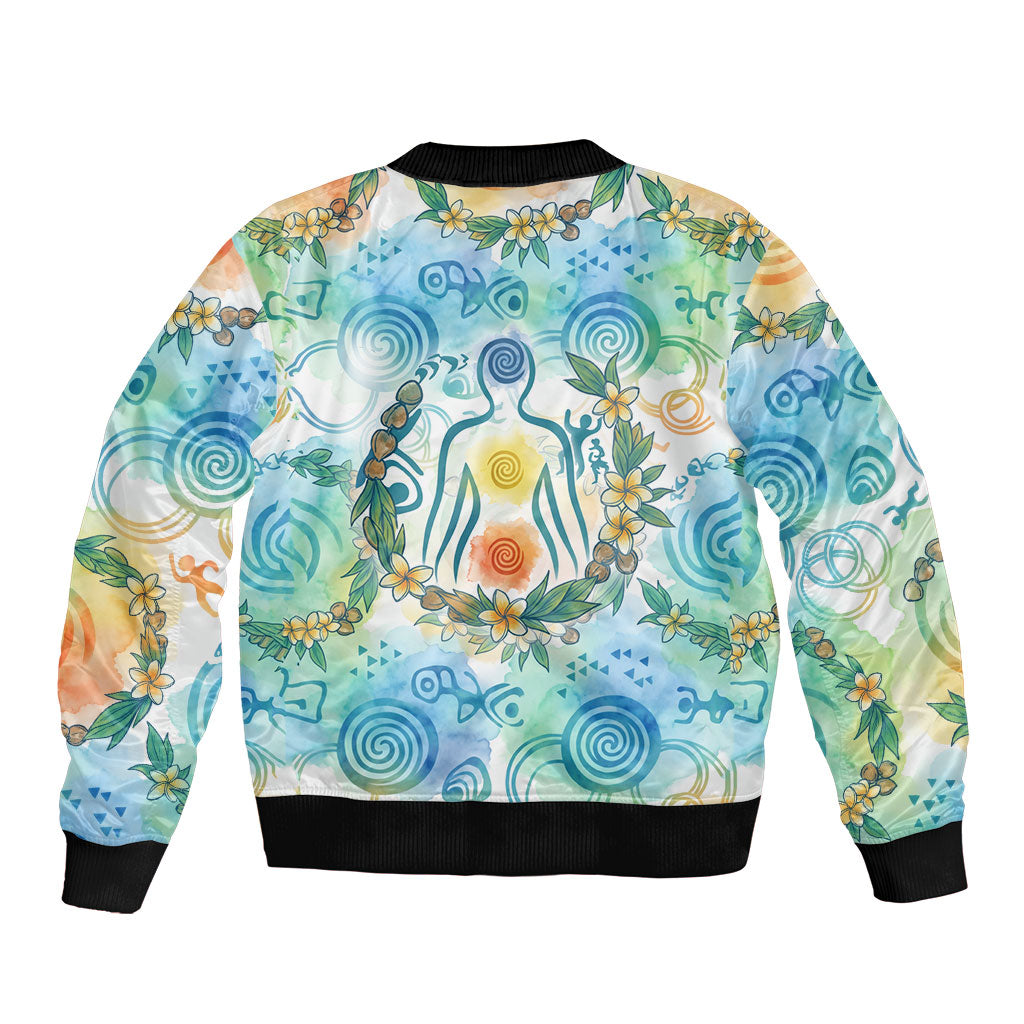 Hawaiian Piko Cultural Pride Aloha Sleeve Zip Bomber Jacket Watercolor Spiral Art - Tropical Plumeria Lei Garland TS04 - Polynesian Pride