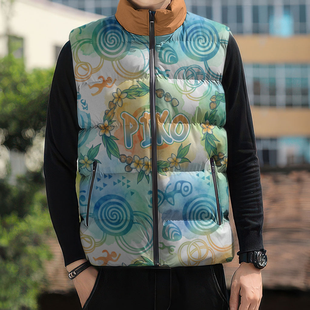 Hawaiian Piko Cultural Pride Aloha Sleeveless Puffer Jacket Watercolor Spiral Art - Tropical Plumeria Lei Garland TS04 - Polynesian Pride