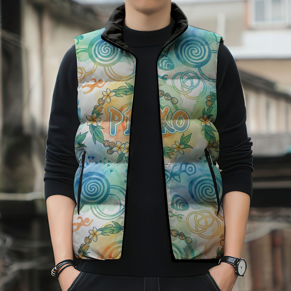 Hawaiian Piko Cultural Pride Aloha Sleeveless Puffer Jacket Watercolor Spiral Art - Tropical Plumeria Lei Garland TS04 - Polynesian Pride