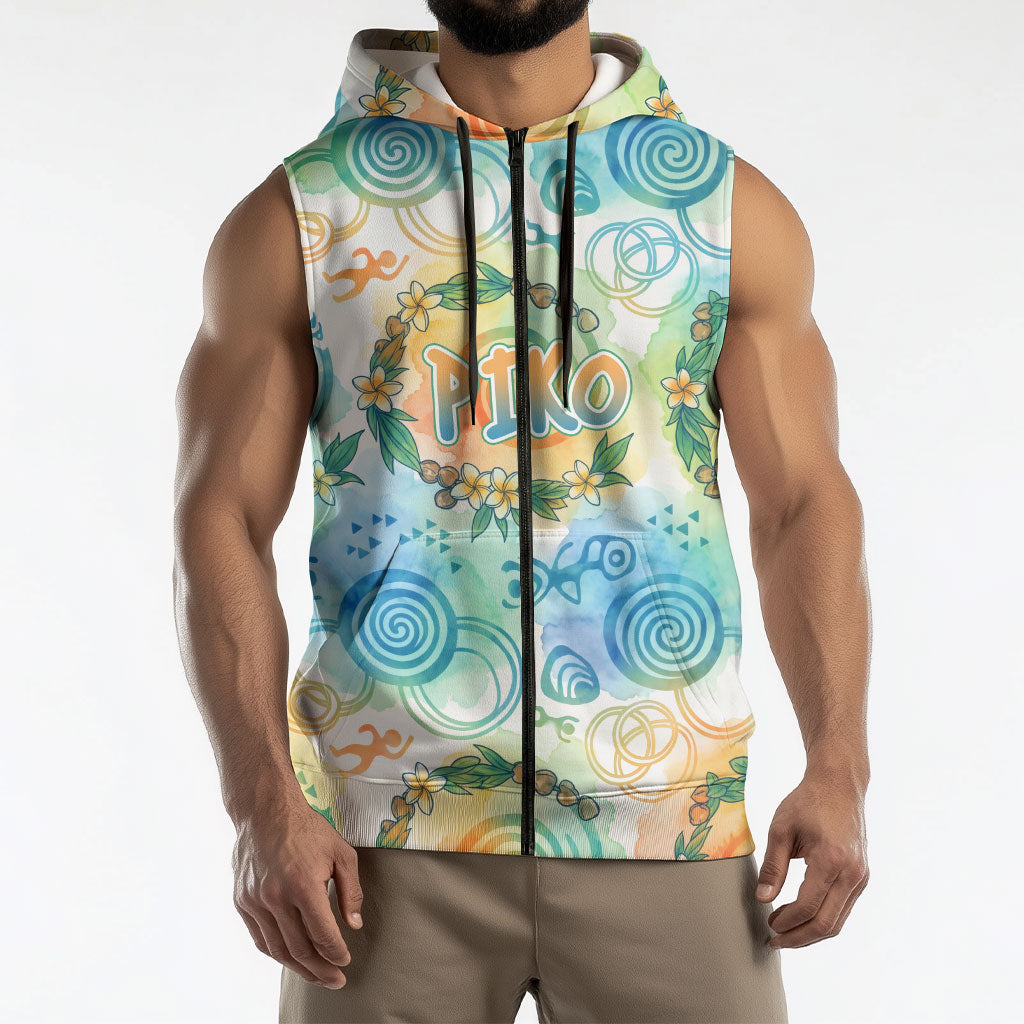 Hawaiian Piko Cultural Pride Aloha Sleeveless Zip Hoodie Watercolor Spiral Art - Tropical Plumeria Lei Garland TS04 - Polynesian Pride