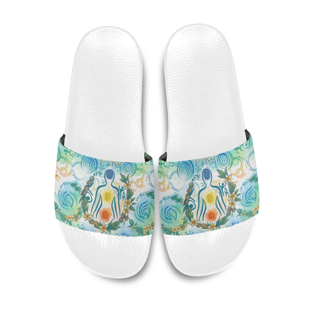 Hawaiian Piko Cultural Pride Aloha Slide Sandals Watercolor Spiral Art - Tropical Plumeria Lei Garland