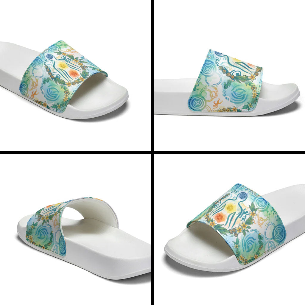 Hawaiian Piko Cultural Pride Aloha Slide Sandals Watercolor Spiral Art - Tropical Plumeria Lei Garland