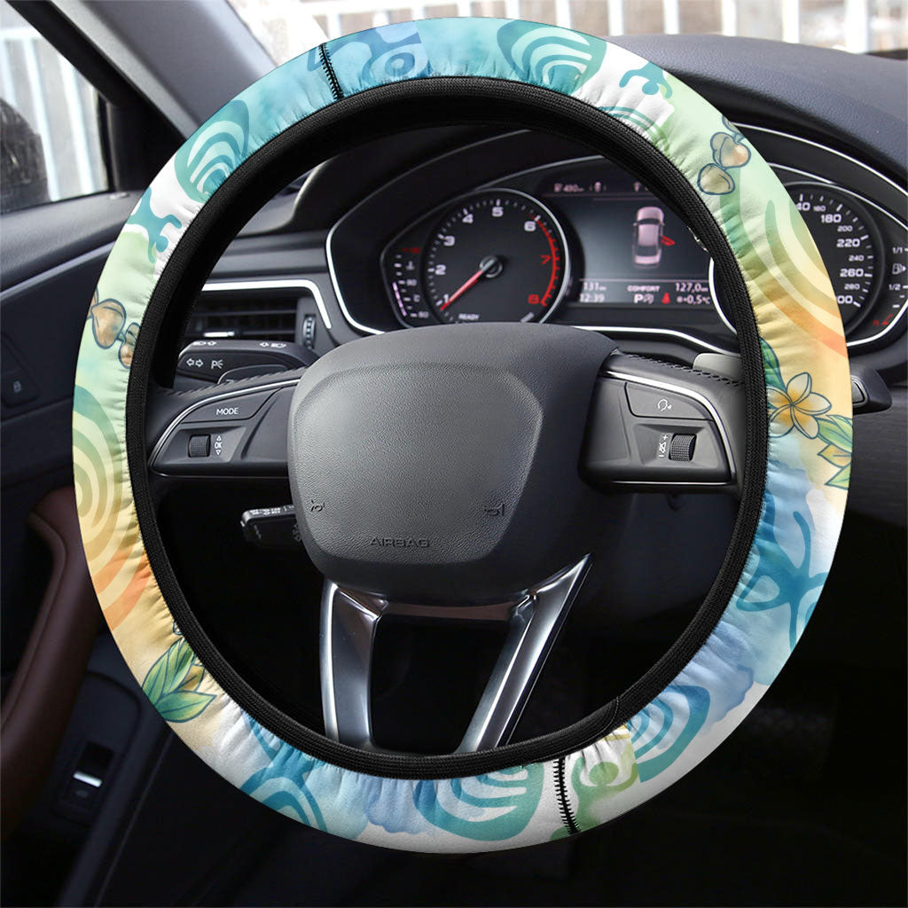 Hawaiian Piko Cultural Pride Aloha Steering Wheel Cover Watercolor Spiral Art - Tropical Plumeria Lei Garland TS04 - Polynesian Pride