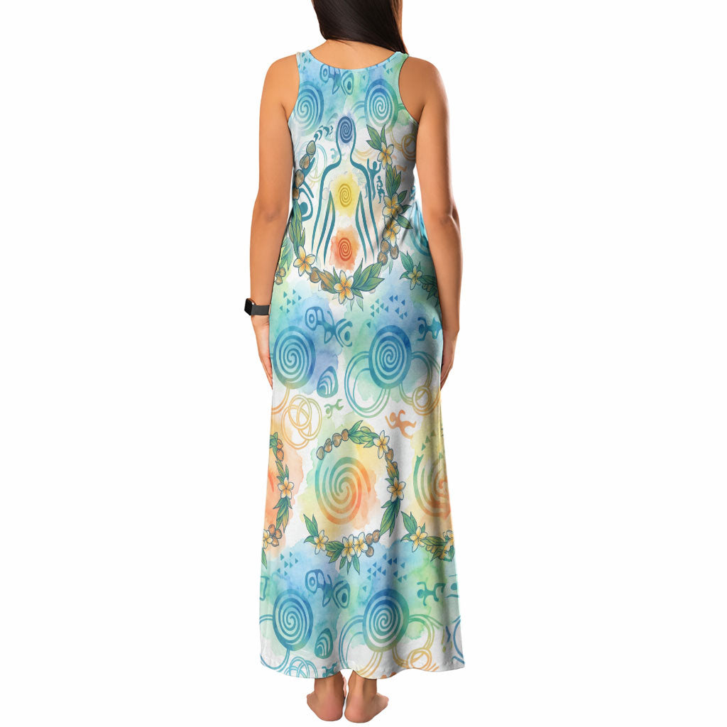 Hawaiian Piko Cultural Pride Aloha Tank Maxi Dress Watercolor Spiral Art - Tropical Plumeria Lei Garland TS04 - Polynesian Pride