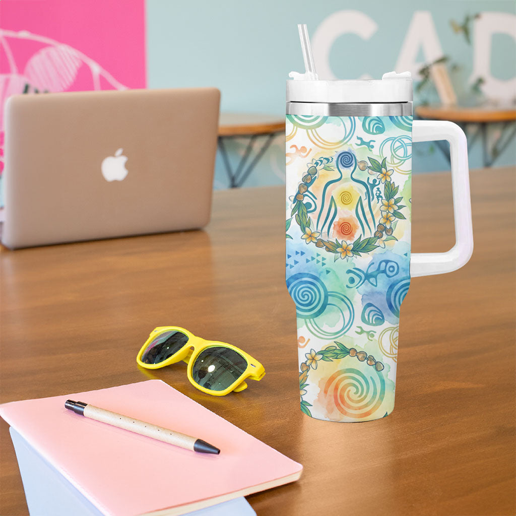 Hawaiian Piko Cultural Pride Aloha Tumbler With Handle Watercolor Spiral Art - Tropical Plumeria Lei Garland TS04 - Polynesian Pride