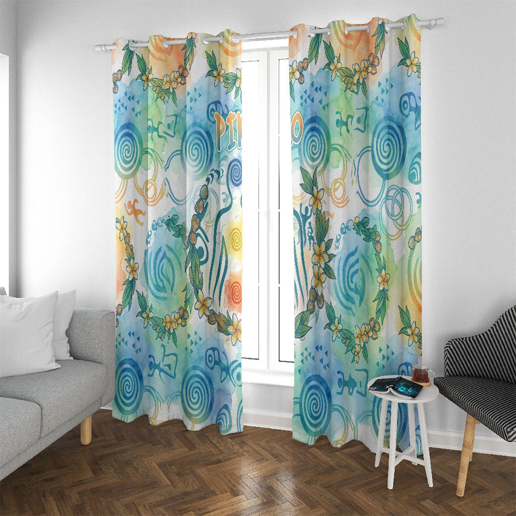 Hawaiian Piko Cultural Pride Aloha Window Curtain Watercolor Spiral Art - Tropical Plumeria Lei Garland TS04 With Grommets White Blue - Polynesian Pride