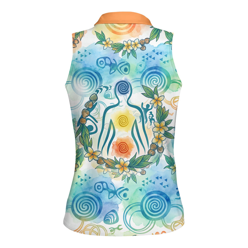 Hawaiian Piko Cultural Pride Aloha Women Sleeveless Polo Shirt Watercolor Spiral Art - Tropical Plumeria Lei Garland TS04 - Polynesian Pride