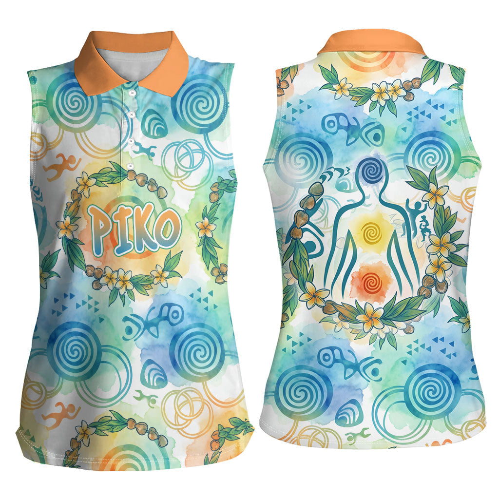 Hawaiian Piko Cultural Pride Aloha Women Sleeveless Polo Shirt Watercolor Spiral Art - Tropical Plumeria Lei Garland TS04 - Polynesian Pride