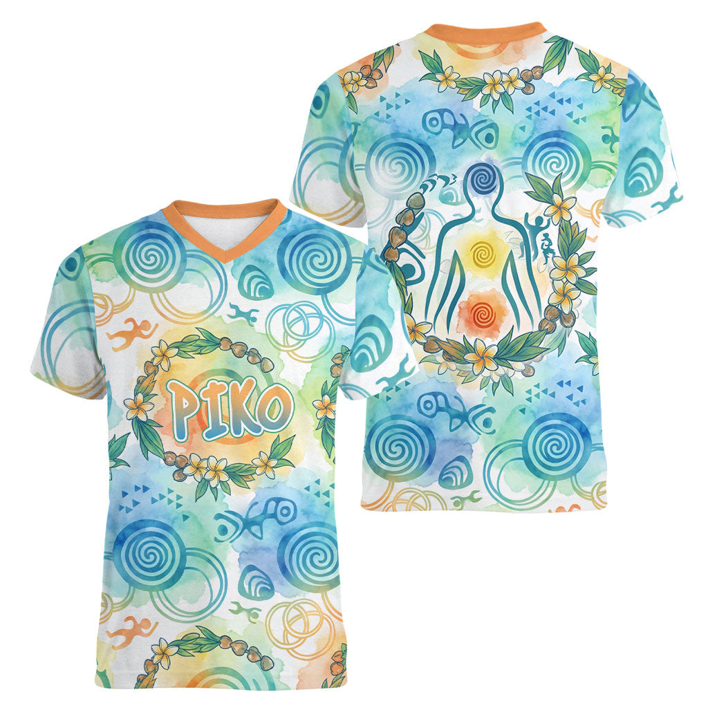Hawaiian Piko Cultural Pride Aloha Women V-Neck T-Shirt Watercolor Spiral Art - Tropical Plumeria Lei Garland TS04 - Polynesian Pride
