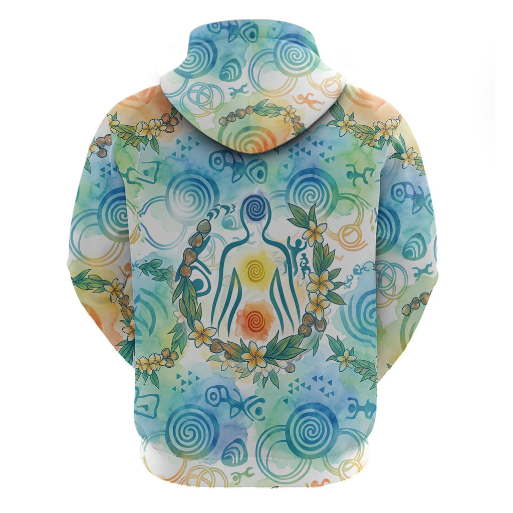 Hawaiian Piko Cultural Pride Aloha Zip Hoodie Watercolor Spiral Art - Tropical Plumeria Lei Garland
