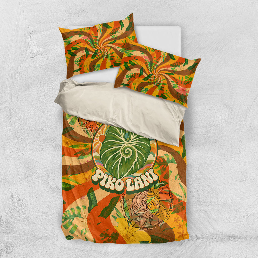 Hawaiian Piko Lani Cultivate I Ka Piko Aloha Bedding Set Retro Psychedelic Taro Leaf - Hibiscus Flowers TS04 US Twin 172cm x 218cm Orange Green - Polynesian Pride