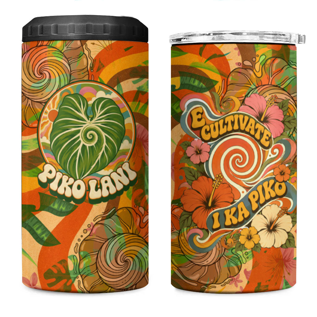 Hawaiian Piko Lani Cultivate I Ka Piko Aloha 4 in 1 Can Cooler Tumbler Retro Psychedelic Taro Leaf - Hibiscus Flowers