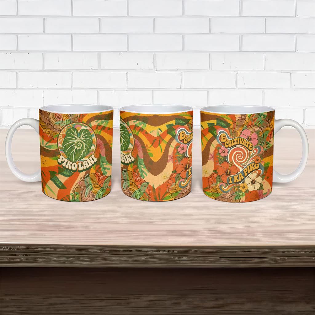 Hawaiian Piko Lani Cultivate I Ka Piko Aloha Ceramic Mug Retro Psychedelic Taro Leaf - Hibiscus Flowers
