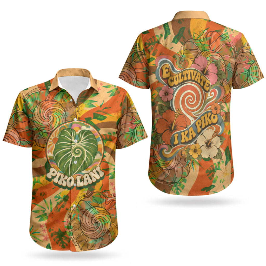 Hawaiian Piko Lani Cultivate I Ka Piko Aloha Couples Matching Long Sleeve Bodycon Dress and Hawaiian Shirt Retro Psychedelic Taro Leaf - Hibiscus Flowers