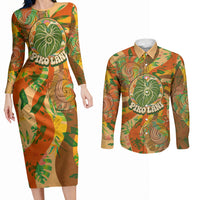 Hawaiian Piko Lani Cultivate I Ka Piko Aloha Couples Matching Long Sleeve Bodycon Dress and Long Sleeve Button Shirt Retro Psychedelic Taro Leaf - Hibiscus Flowers TS04 Orange Green - Polynesian Pride