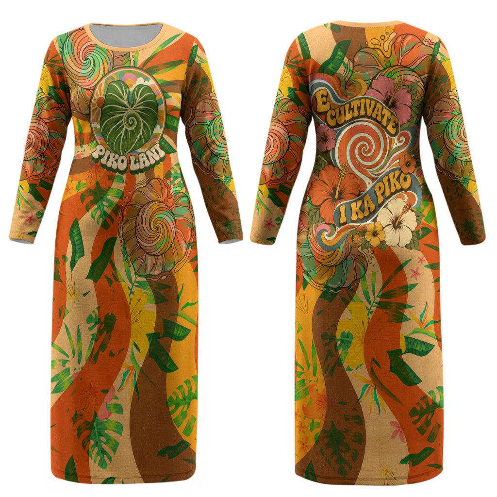 Hawaiian Piko Lani Cultivate I Ka Piko Aloha Couples Matching Long Sleeve Bodycon Dress and Long Sleeve Button Shirt Retro Psychedelic Taro Leaf - Hibiscus Flowers TS04 - Polynesian Pride