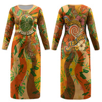 Hawaiian Piko Lani Cultivate I Ka Piko Aloha Couples Matching Long Sleeve Bodycon Dress and Long Sleeve Button Shirt Retro Psychedelic Taro Leaf - Hibiscus Flowers TS04 - Polynesian Pride