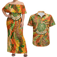 Hawaiian Piko Lani Cultivate I Ka Piko Aloha Couples Matching Off Shoulder Maxi Dress and Hawaiian Shirt Retro Psychedelic Taro Leaf - Hibiscus Flowers TS04 Orange Green - Polynesian Pride