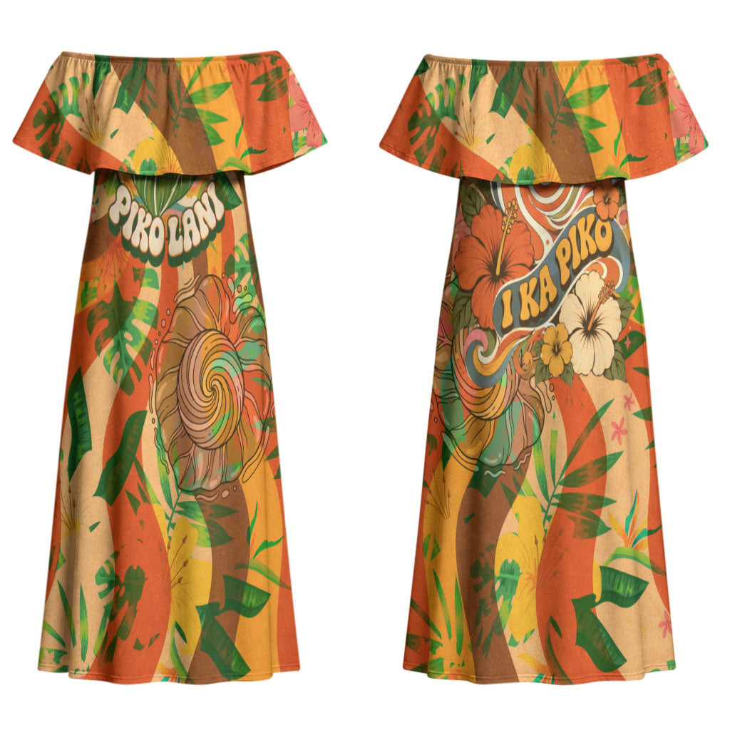 Hawaiian Piko Lani Cultivate I Ka Piko Aloha Couples Matching Off Shoulder Maxi Dress and Long Sleeve Button Shirt Retro Psychedelic Taro Leaf - Hibiscus Flowers TS04 - Polynesian Pride