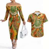 Hawaiian Piko Lani Cultivate I Ka Piko Aloha Couples Matching Off The Shoulder Long Sleeve Dress and Hawaiian Shirt Retro Psychedelic Taro Leaf - Hibiscus Flowers TS04 Orange Green - Polynesian Pride