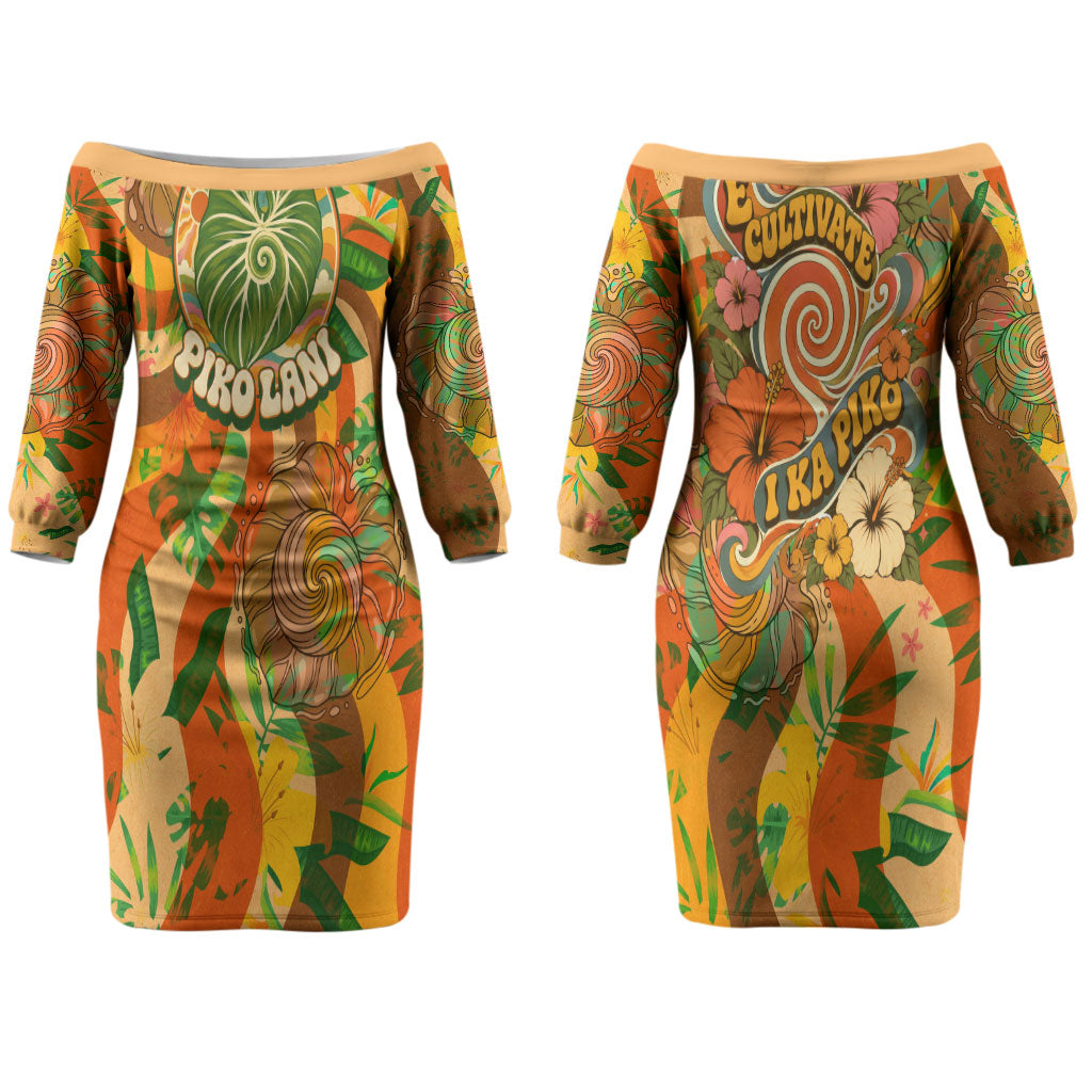 Hawaiian Piko Lani Cultivate I Ka Piko Aloha Couples Matching Off The Shoulder Long Sleeve Dress and Hawaiian Shirt Retro Psychedelic Taro Leaf - Hibiscus Flowers TS04 - Polynesian Pride