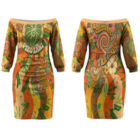 Hawaiian Piko Lani Cultivate I Ka Piko Aloha Couples Matching Off The Shoulder Long Sleeve Dress and Hawaiian Shirt Retro Psychedelic Taro Leaf - Hibiscus Flowers TS04 - Polynesian Pride