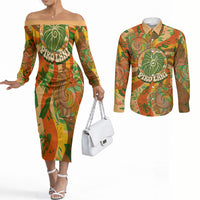 Hawaiian Piko Lani Cultivate I Ka Piko Aloha Couples Matching Off The Shoulder Long Sleeve Dress and Long Sleeve Button Shirt Retro Psychedelic Taro Leaf - Hibiscus Flowers TS04 Orange Green - Polynesian Pride