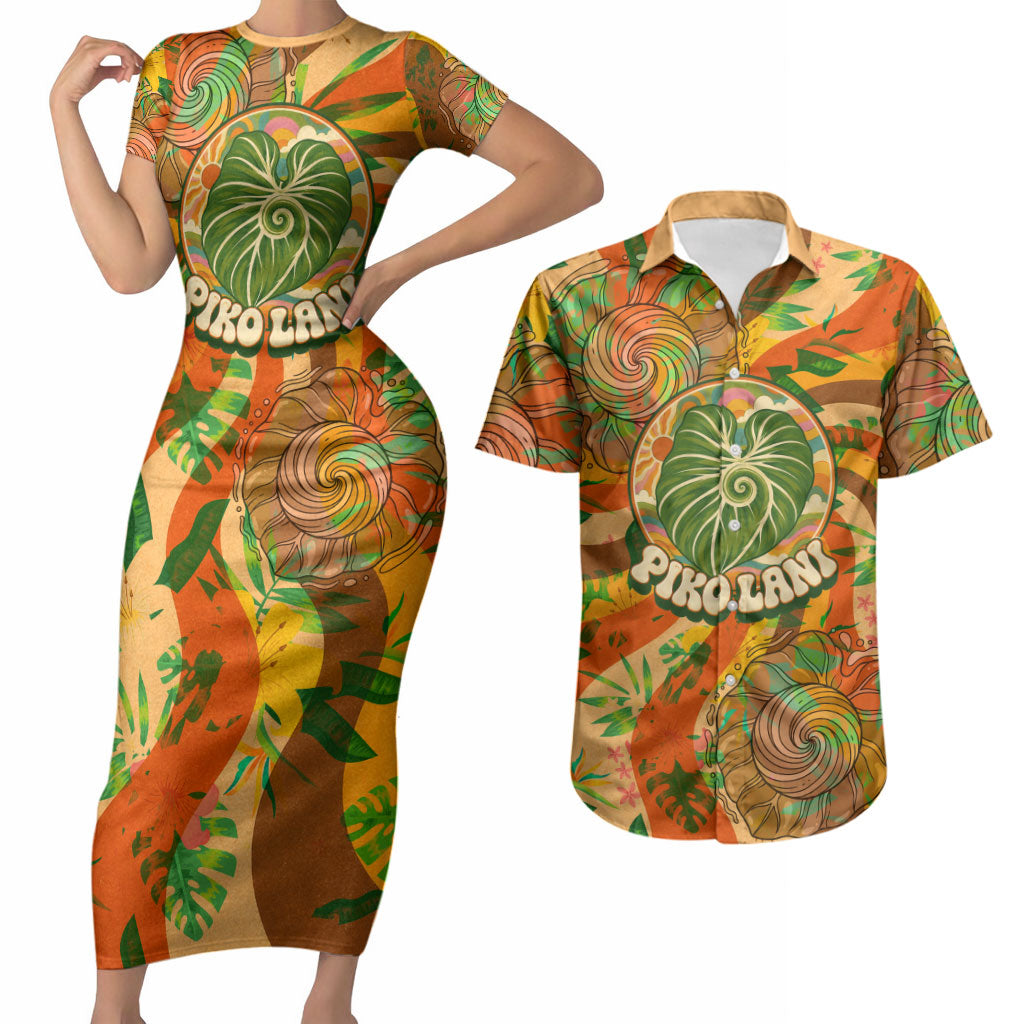 Hawaiian Piko Lani Cultivate I Ka Piko Aloha Couples Matching Short Sleeve Bodycon Dress and Hawaiian Shirt Retro Psychedelic Taro Leaf - Hibiscus Flowers TS04 Orange Green - Polynesian Pride
