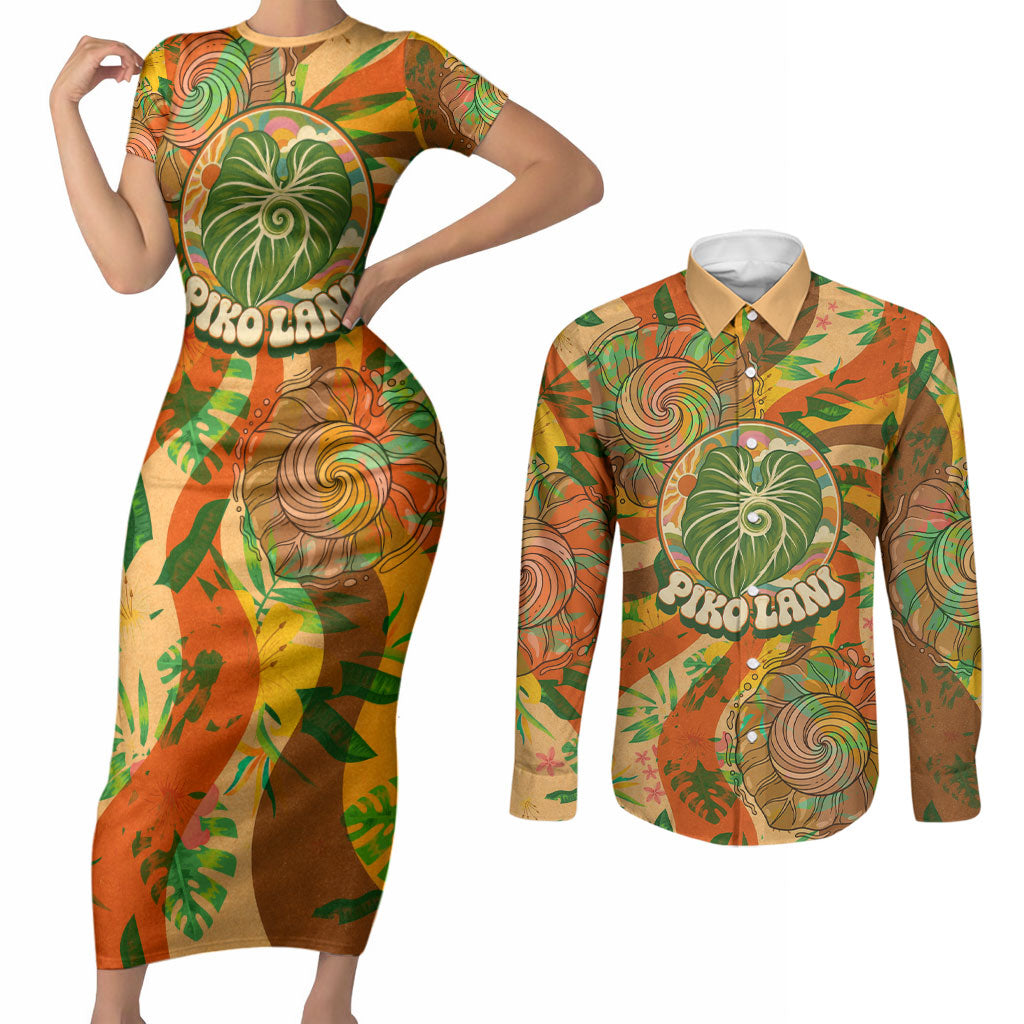 Hawaiian Piko Lani Cultivate I Ka Piko Aloha Couples Matching Short Sleeve Bodycon Dress and Long Sleeve Button Shirt Retro Psychedelic Taro Leaf - Hibiscus Flowers TS04 Orange Green - Polynesian Pride