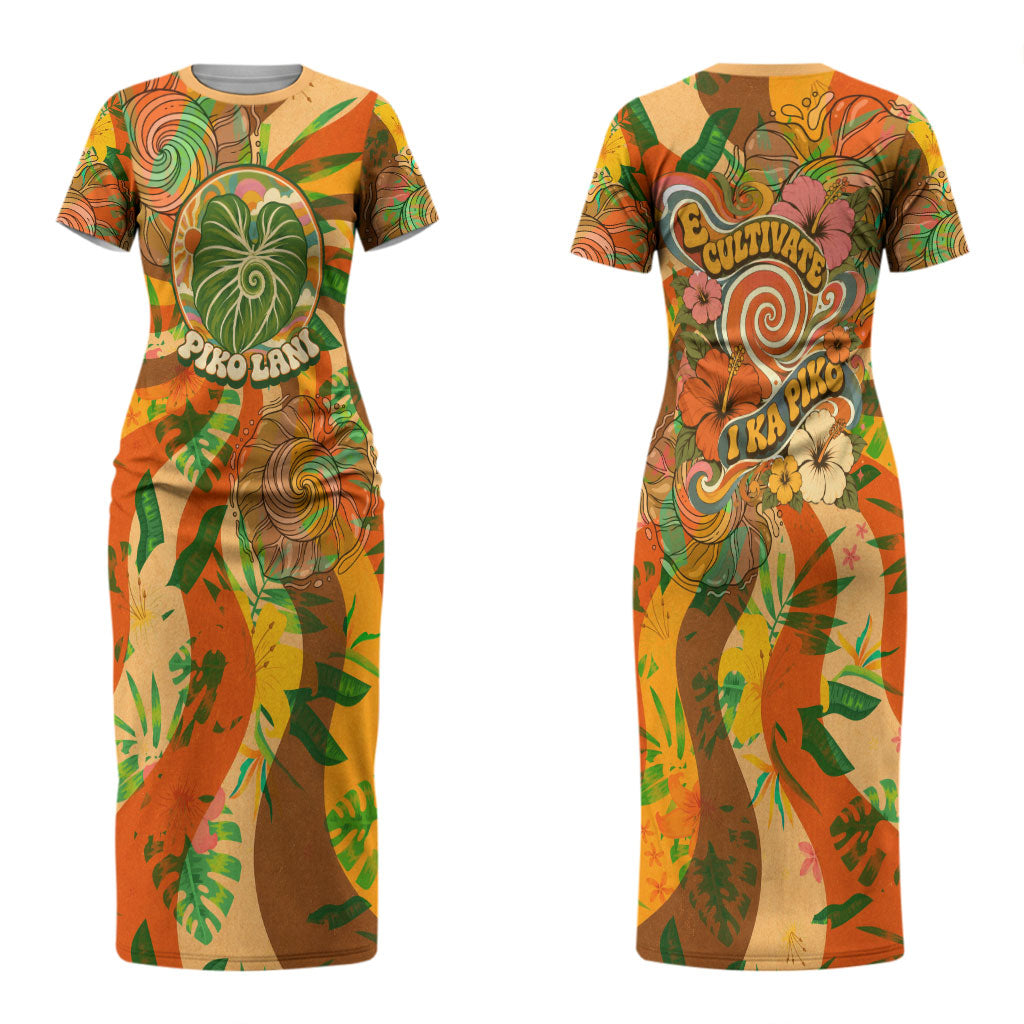 Hawaiian Piko Lani Cultivate I Ka Piko Aloha Couples Matching Short Sleeve Bodycon Dress and Long Sleeve Button Shirt Retro Psychedelic Taro Leaf - Hibiscus Flowers TS04 - Polynesian Pride