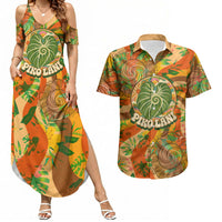 Hawaiian Piko Lani Cultivate I Ka Piko Aloha Couples Matching Summer Maxi Dress and Hawaiian Shirt Retro Psychedelic Taro Leaf - Hibiscus Flowers TS04 Orange Green - Polynesian Pride