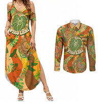 Hawaiian Piko Lani Cultivate I Ka Piko Aloha Couples Matching Summer Maxi Dress and Long Sleeve Button Shirt Retro Psychedelic Taro Leaf - Hibiscus Flowers TS04 Orange Green - Polynesian Pride