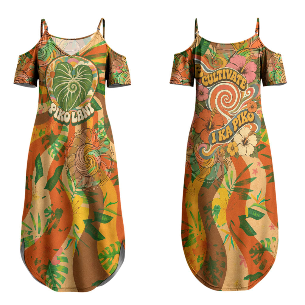 Hawaiian Piko Lani Cultivate I Ka Piko Aloha Couples Matching Summer Maxi Dress and Long Sleeve Button Shirt Retro Psychedelic Taro Leaf - Hibiscus Flowers TS04 - Polynesian Pride