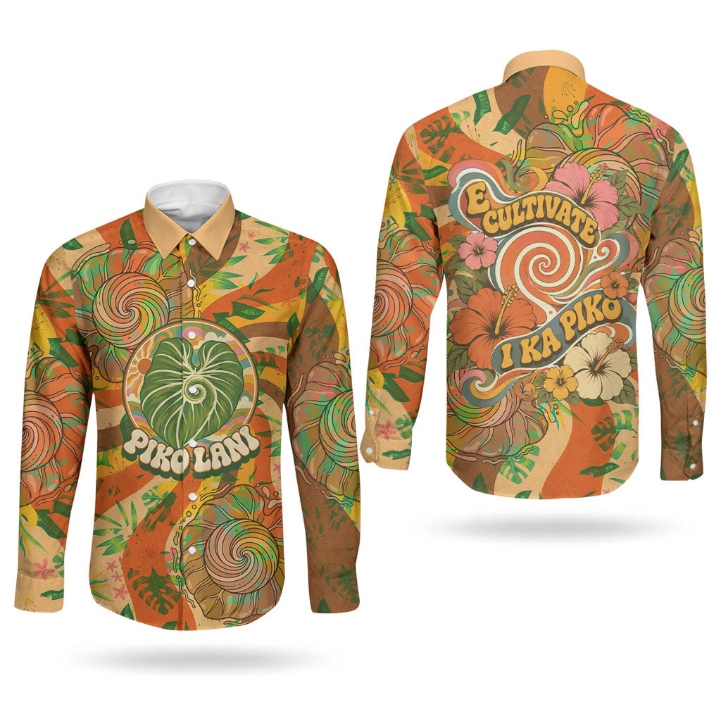 Hawaiian Piko Lani Cultivate I Ka Piko Aloha Couples Matching Tank Maxi Dress and Long Sleeve Button Shirt Retro Psychedelic Taro Leaf - Hibiscus Flowers