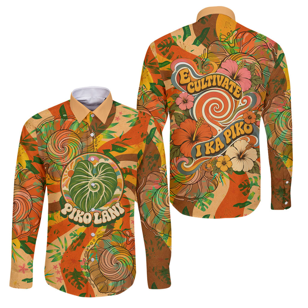 Hawaiian Piko Lani Cultivate I Ka Piko Aloha Family Matching Long Sleeve Bodycon Dress and Hawaiian Shirt Retro Psychedelic Taro Leaf - Hibiscus Flowers TS04 Dad's Shirt - Long Sleeve Orange Green - Polynesian Pride