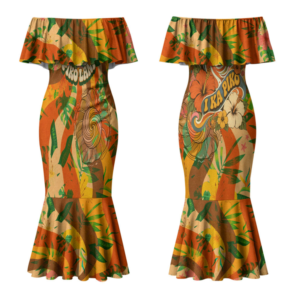 Hawaiian Piko Lani Cultivate I Ka Piko Aloha Family Matching Mermaid Dress and Hawaiian Shirt Retro Psychedelic Taro Leaf - Hibiscus Flowers TS04 Mom's Dress Orange Green - Polynesian Pride