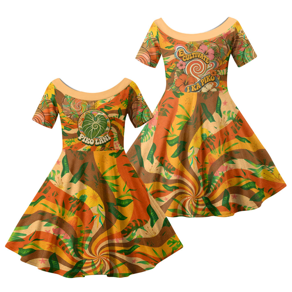 Hawaiian Piko Lani Cultivate I Ka Piko Aloha Family Matching Mermaid Dress and Hawaiian Shirt Retro Psychedelic Taro Leaf - Hibiscus Flowers TS04 Daughter's Dress Orange Green - Polynesian Pride