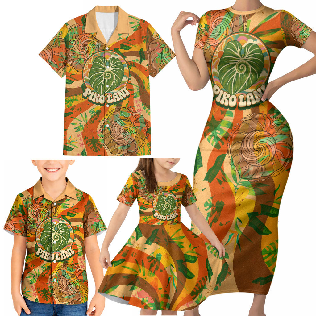 Hawaiian Piko Lani Cultivate I Ka Piko Aloha Family Matching Short Sleeve Bodycon Dress and Hawaiian Shirt Retro Psychedelic Taro Leaf - Hibiscus Flowers