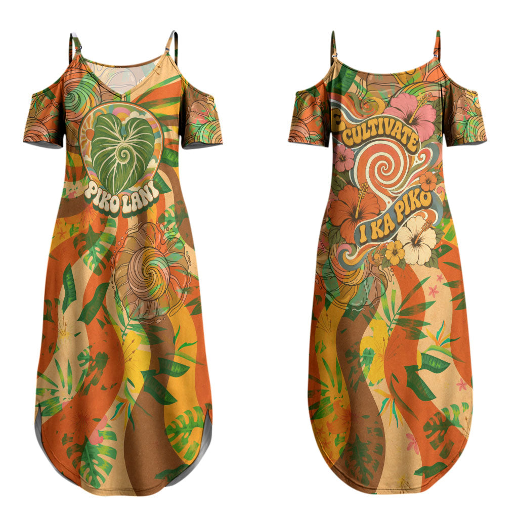 Hawaiian Piko Lani Cultivate I Ka Piko Aloha Family Matching Summer Maxi Dress and Hawaiian Shirt Retro Psychedelic Taro Leaf - Hibiscus Flowers TS04 Mom's Dress Orange Green - Polynesian Pride