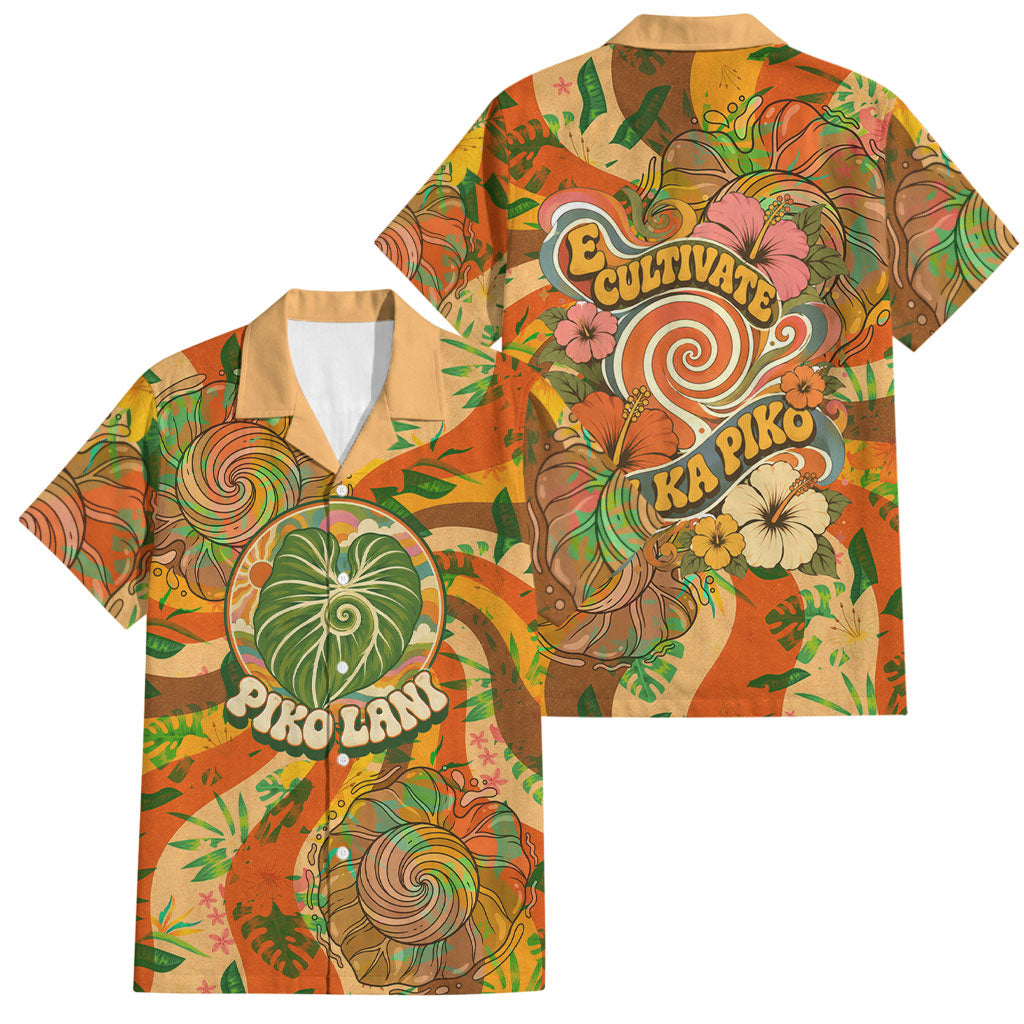 Hawaiian Piko Lani Cultivate I Ka Piko Aloha Family Matching Summer Maxi Dress and Hawaiian Shirt Retro Psychedelic Taro Leaf - Hibiscus Flowers TS04 Dad's Shirt - Short Sleeve Orange Green - Polynesian Pride