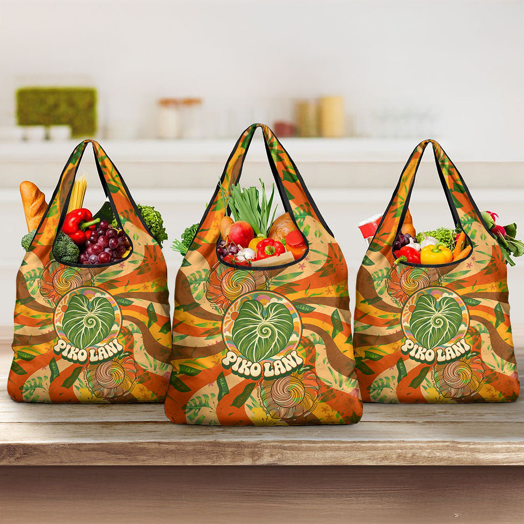 Hawaiian Piko Lani Cultivate I Ka Piko Aloha Grocery Bag Retro Psychedelic Taro Leaf - Hibiscus Flowers TS04 3-pack One Size Orange Green - Polynesian Pride
