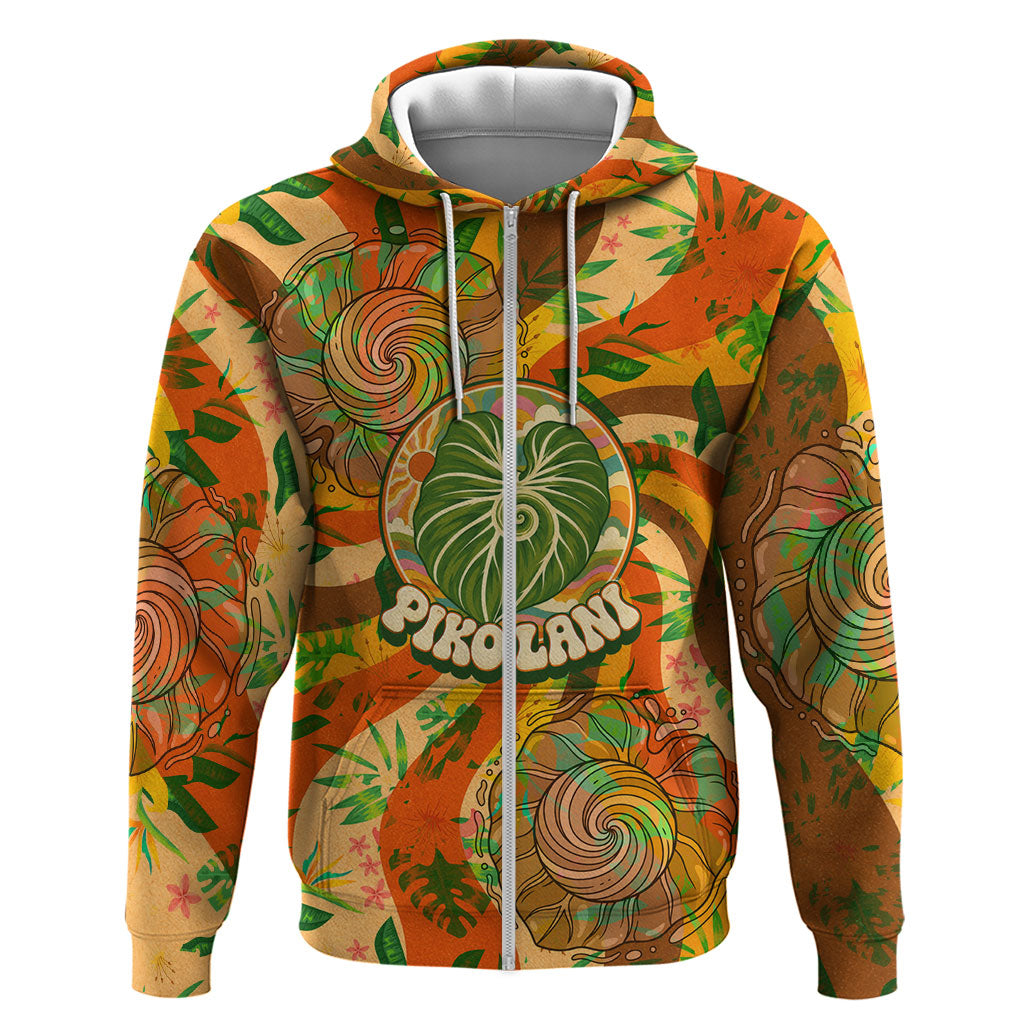 Hawaiian Piko Lani Cultivate I Ka Piko Aloha Hoodie Retro Psychedelic Taro Leaf - Hibiscus Flowers TS04 Zip Hoodie Orange Green - Polynesian Pride
