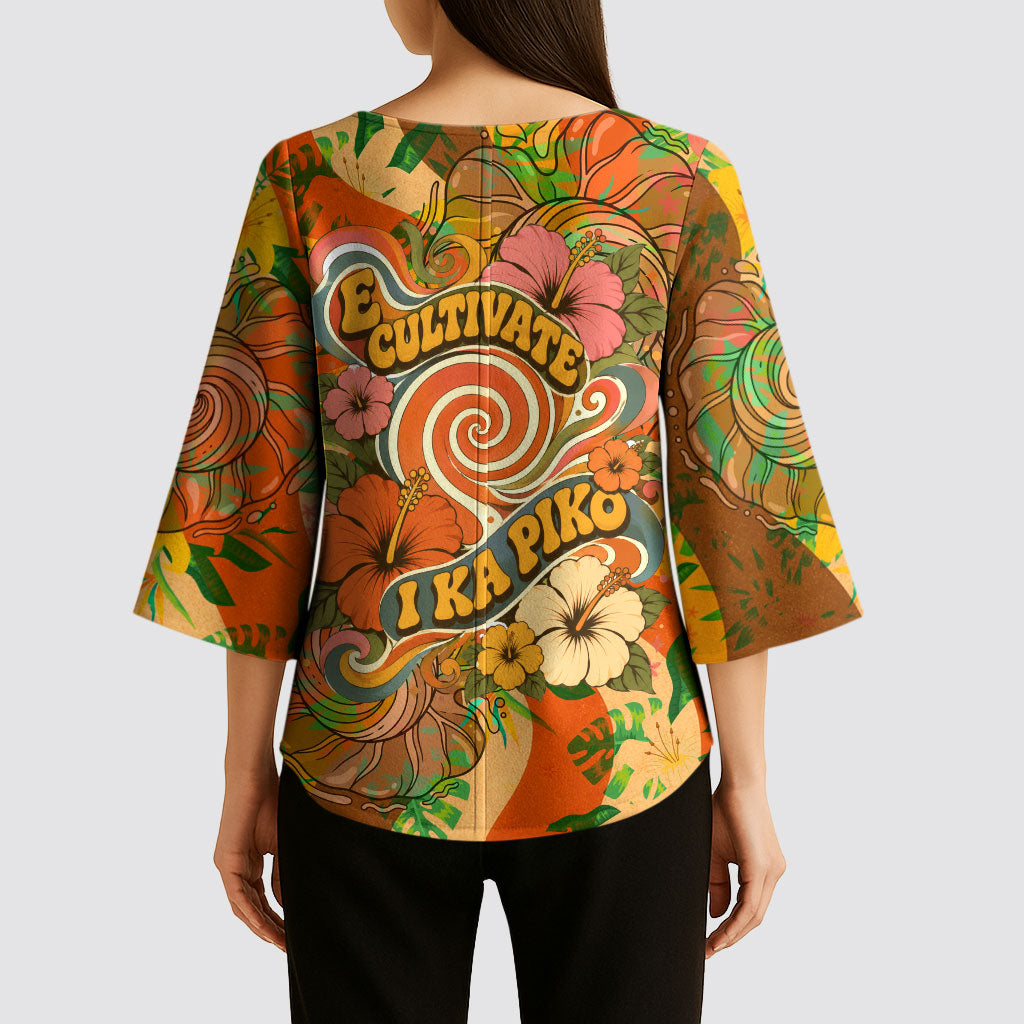 Hawaiian Piko Lani Cultivate I Ka Piko Aloha Kimono Sleeve Blouse Retro Psychedelic Taro Leaf - Hibiscus Flowers TS04 - Polynesian Pride
